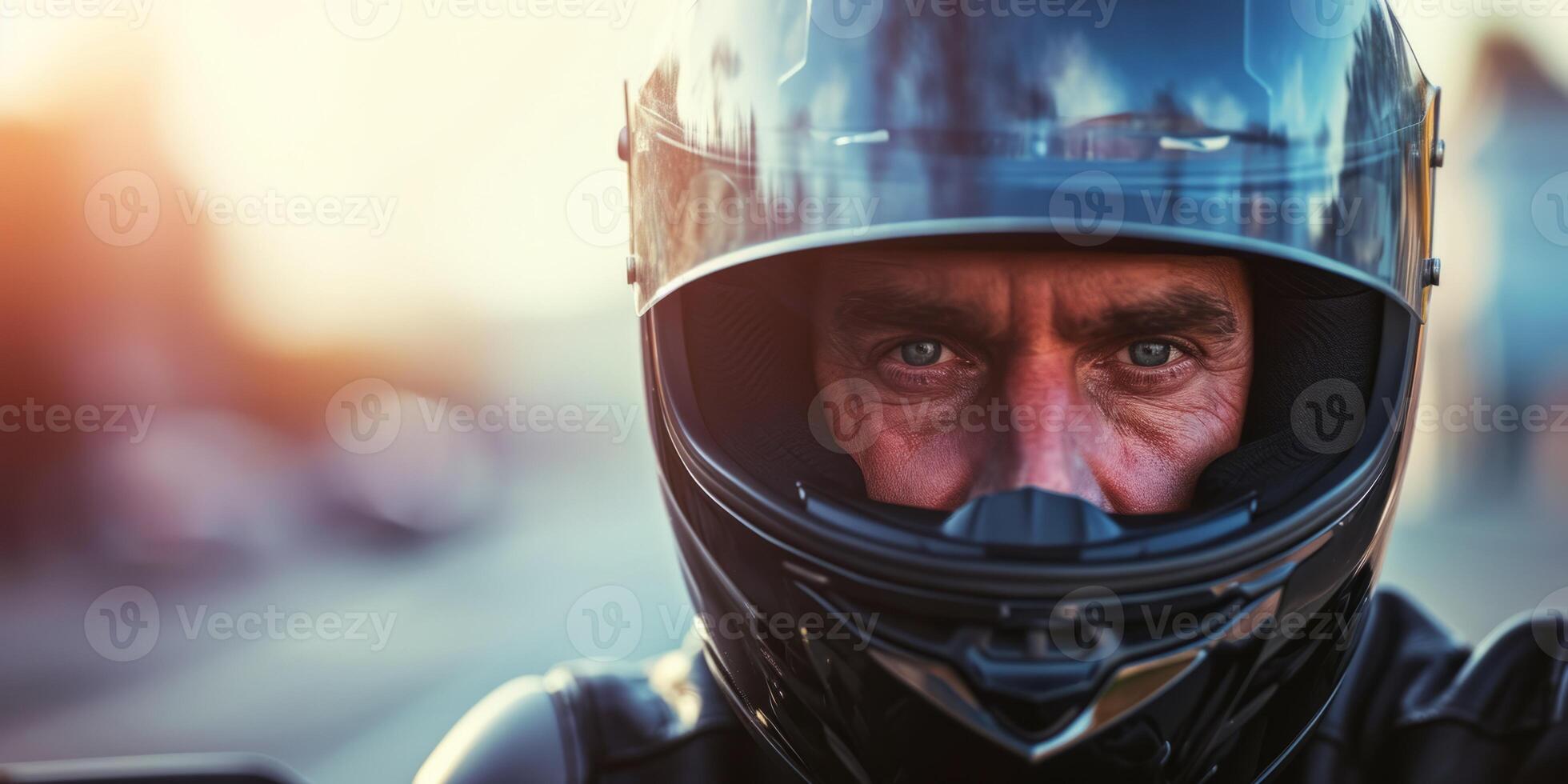 AI generated male biker in a helmet close-up on a motorcycle Generative AI photo