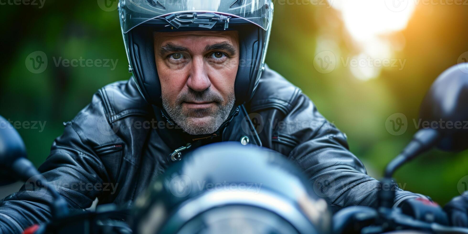 AI generated male biker in a helmet close-up on a motorcycle Generative AI photo