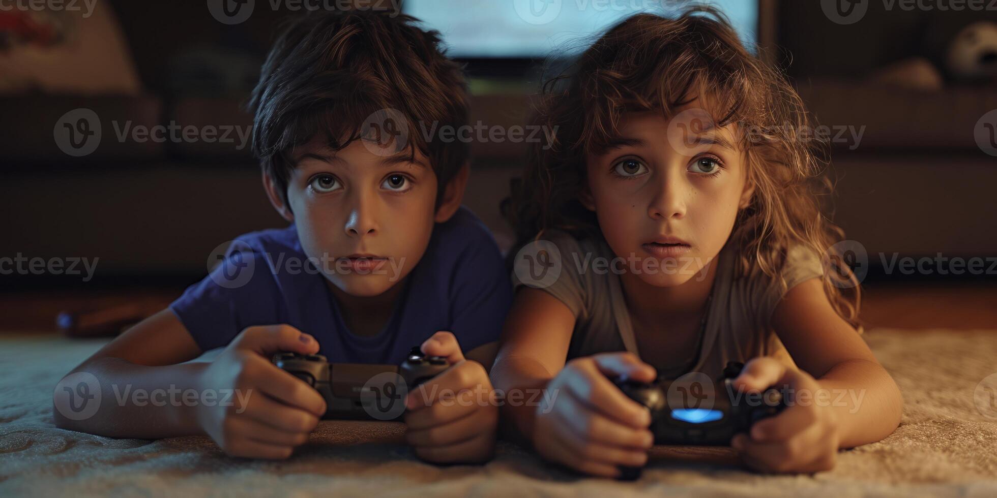 AI generated Children playing a game console lying on the floor close-up Generative AI photo
