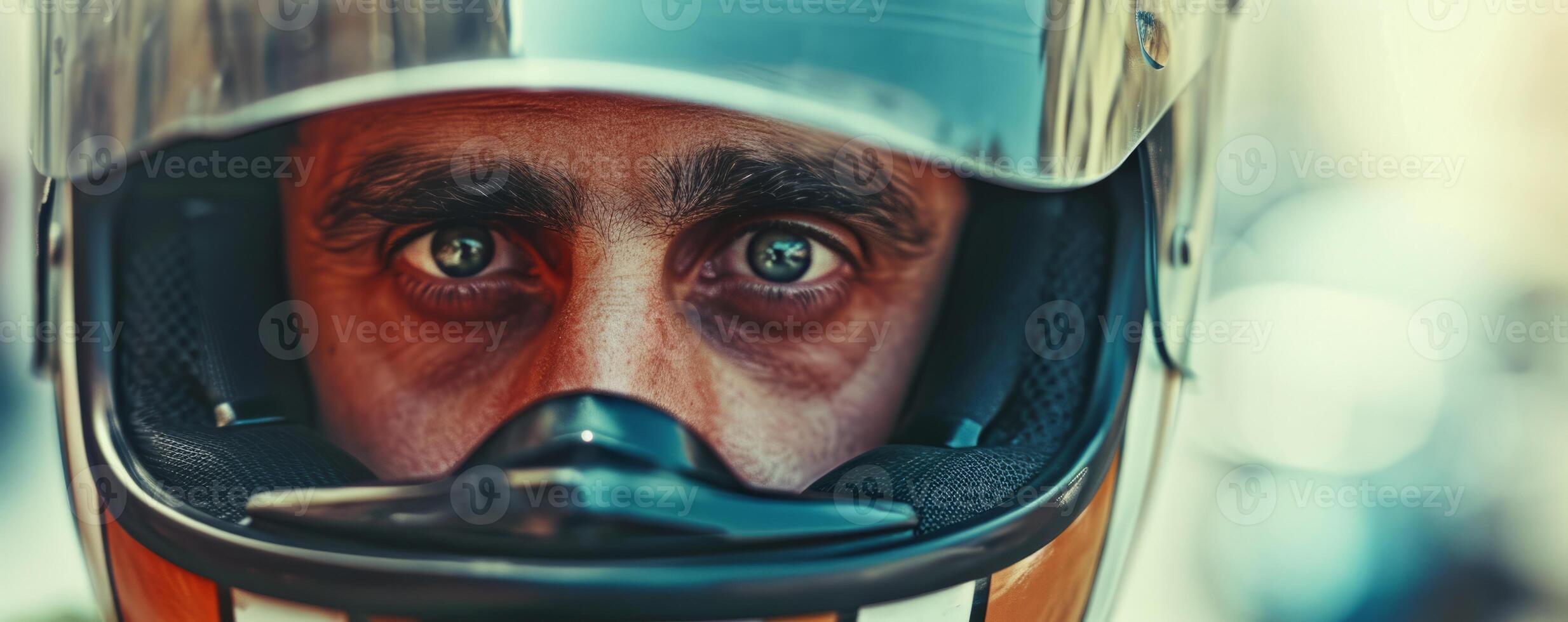 AI generated male biker in a helmet close-up on a motorcycle Generative AI photo