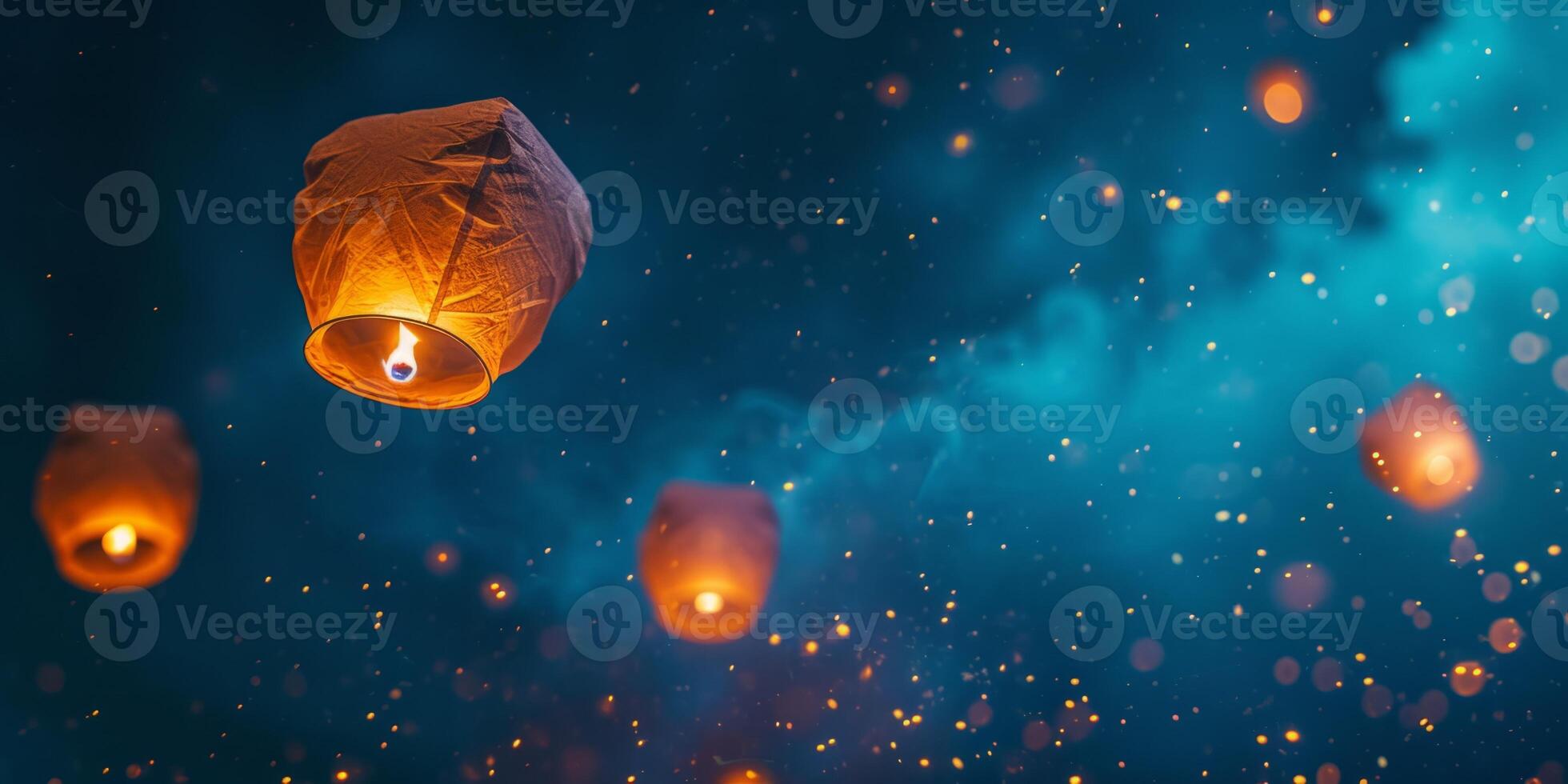 AI generated burning lanterns flying into the sky Generative AI photo