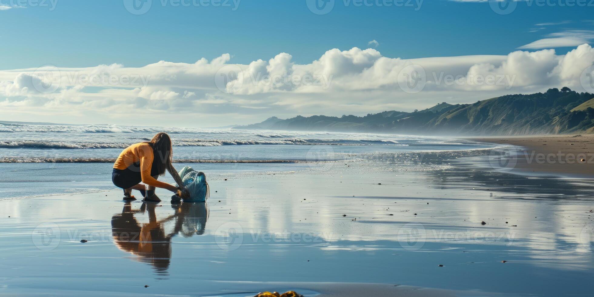 AI generated people cleaning up trash from the beach, environmental activists Generative AI photo