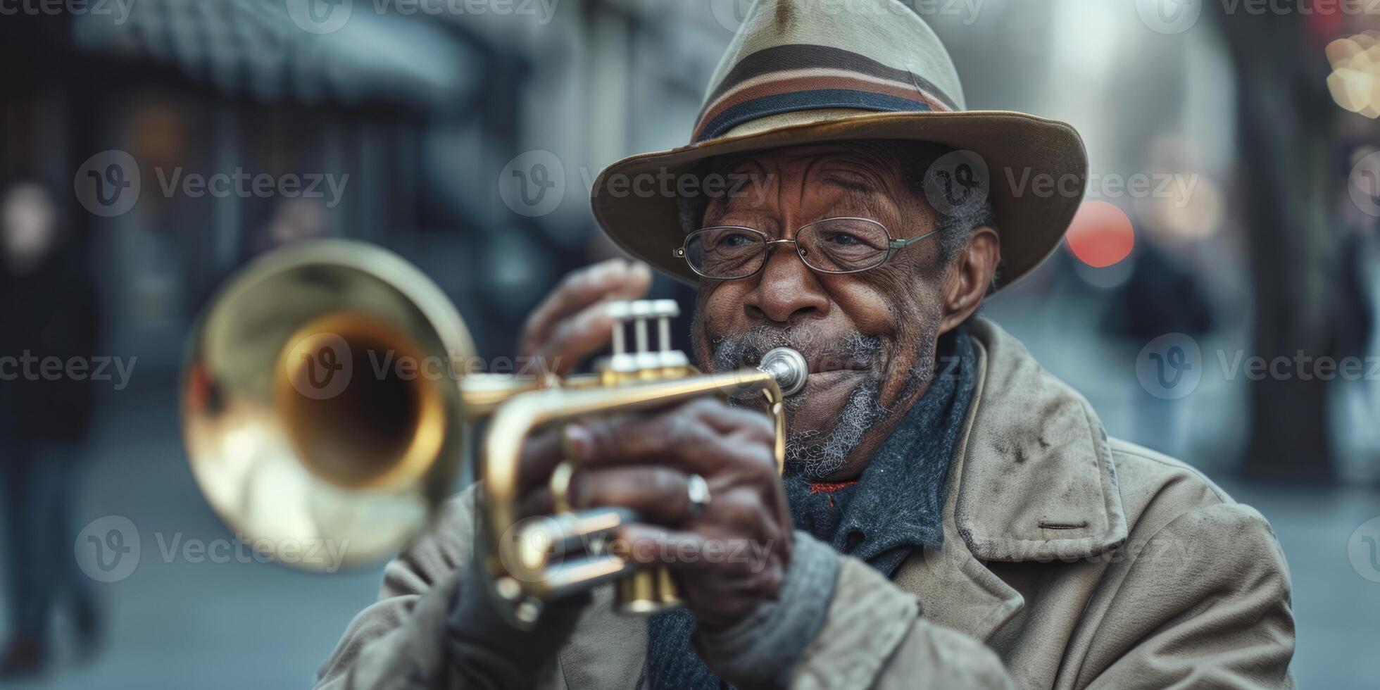 trumpeter plays the trumpet on the street photo