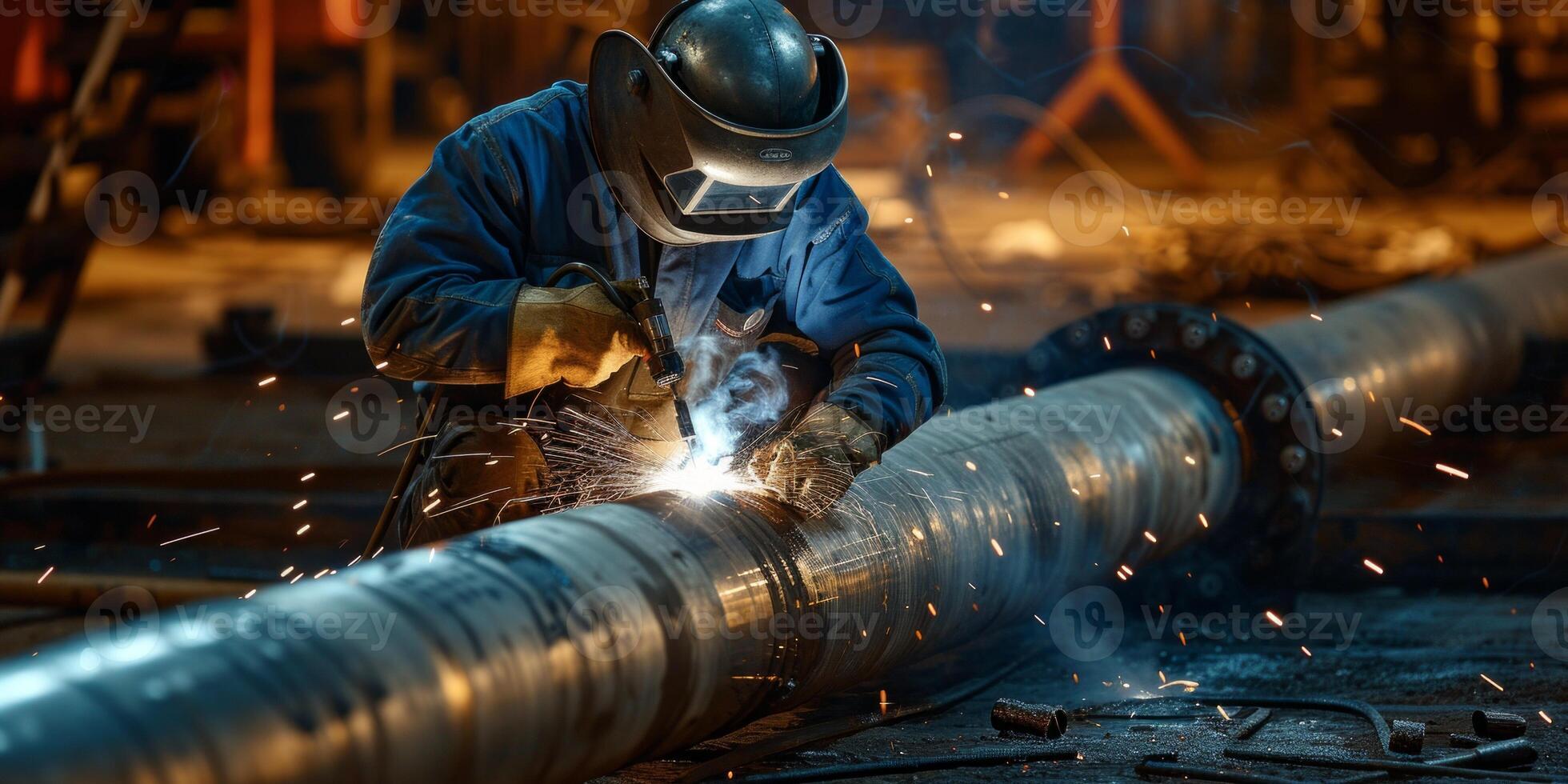 welder in a protective helmet welds a pipe photo