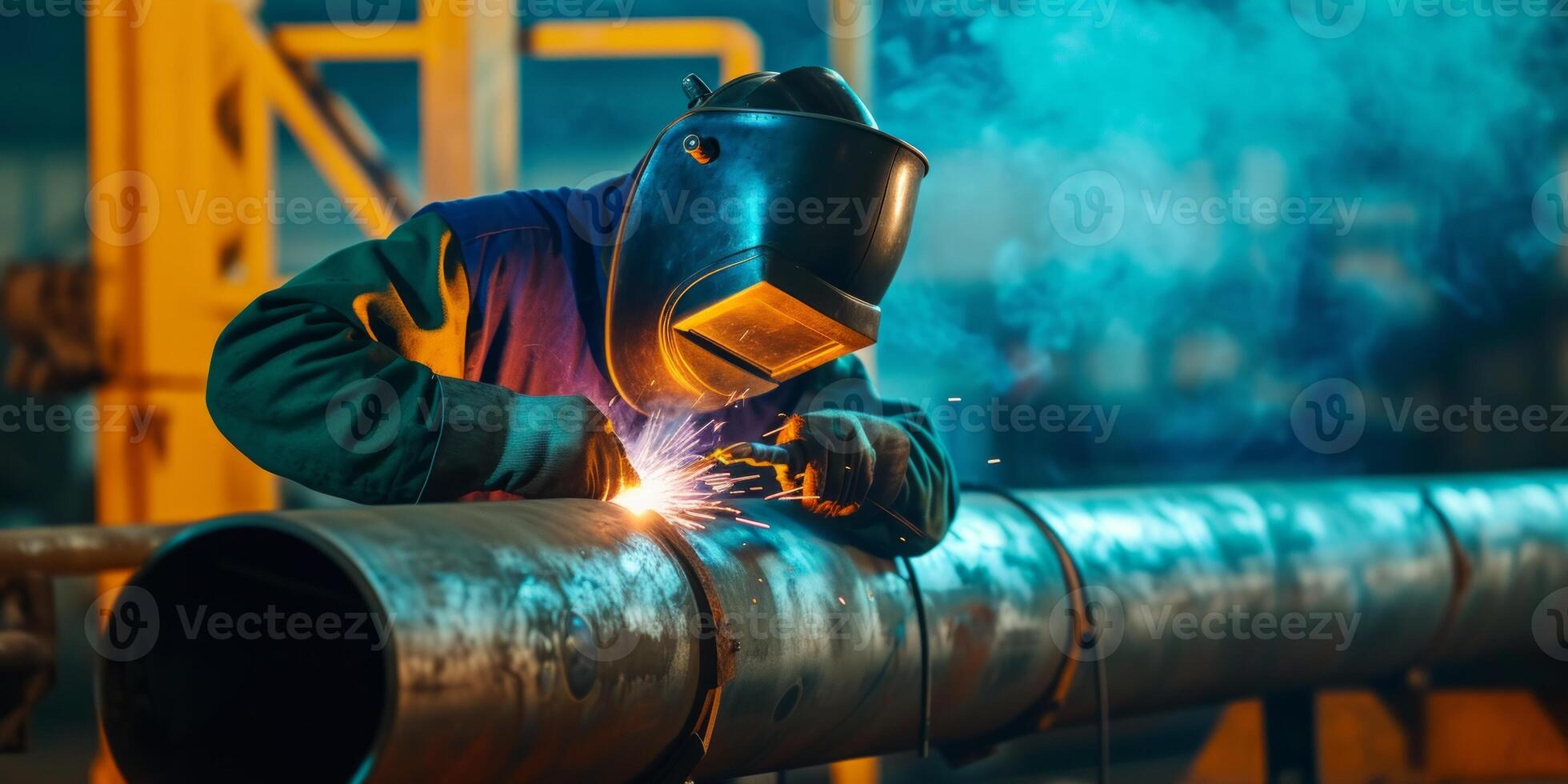 welder in a protective helmet welds a pipe photo