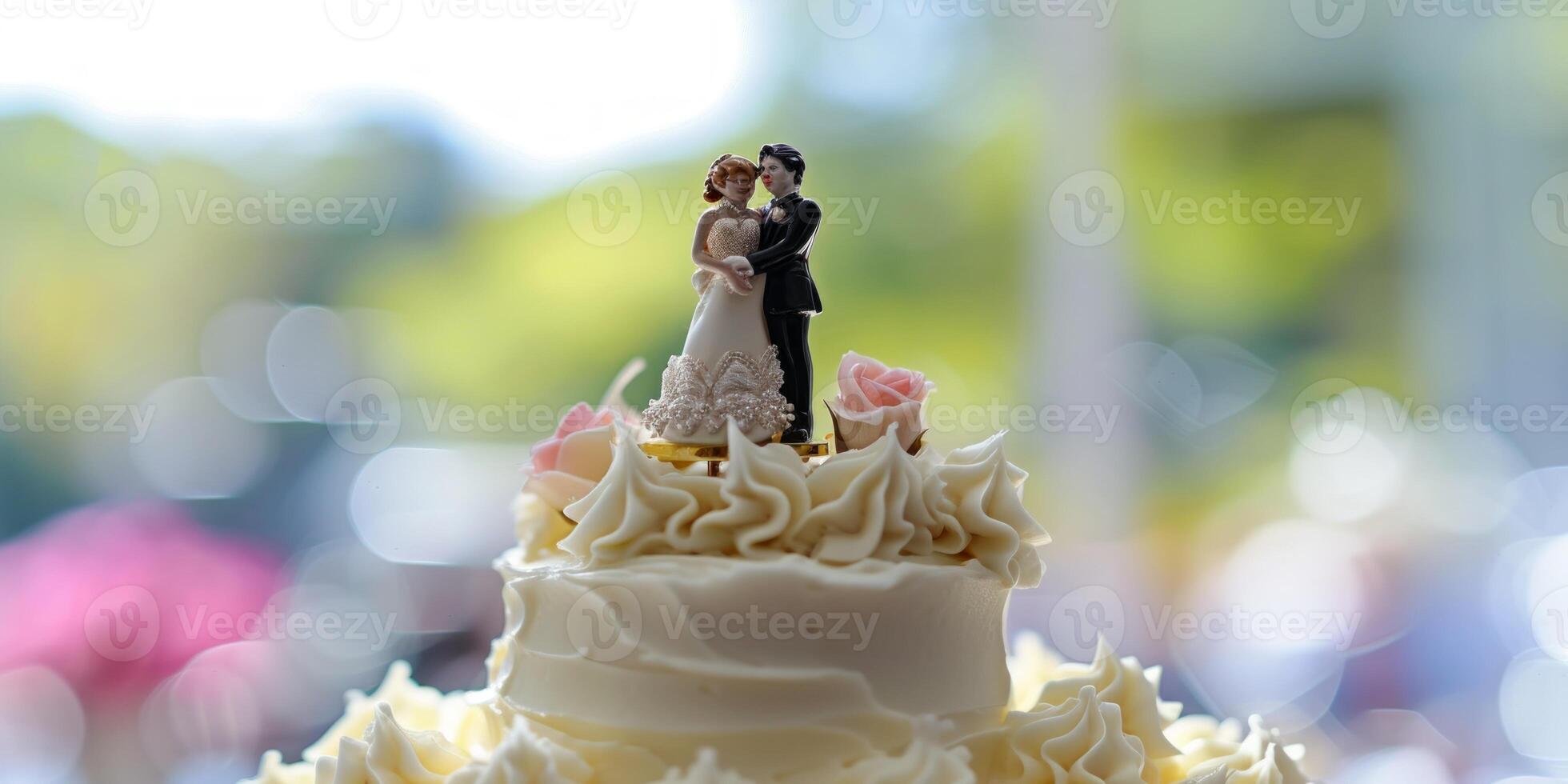 recién casados estatuillas en un Boda pastel foto