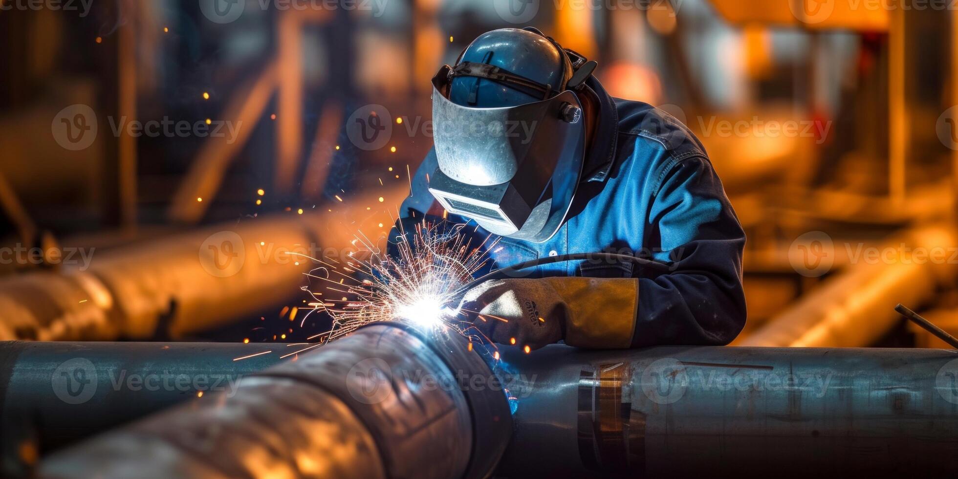 welder in a protective helmet welds a pipe photo