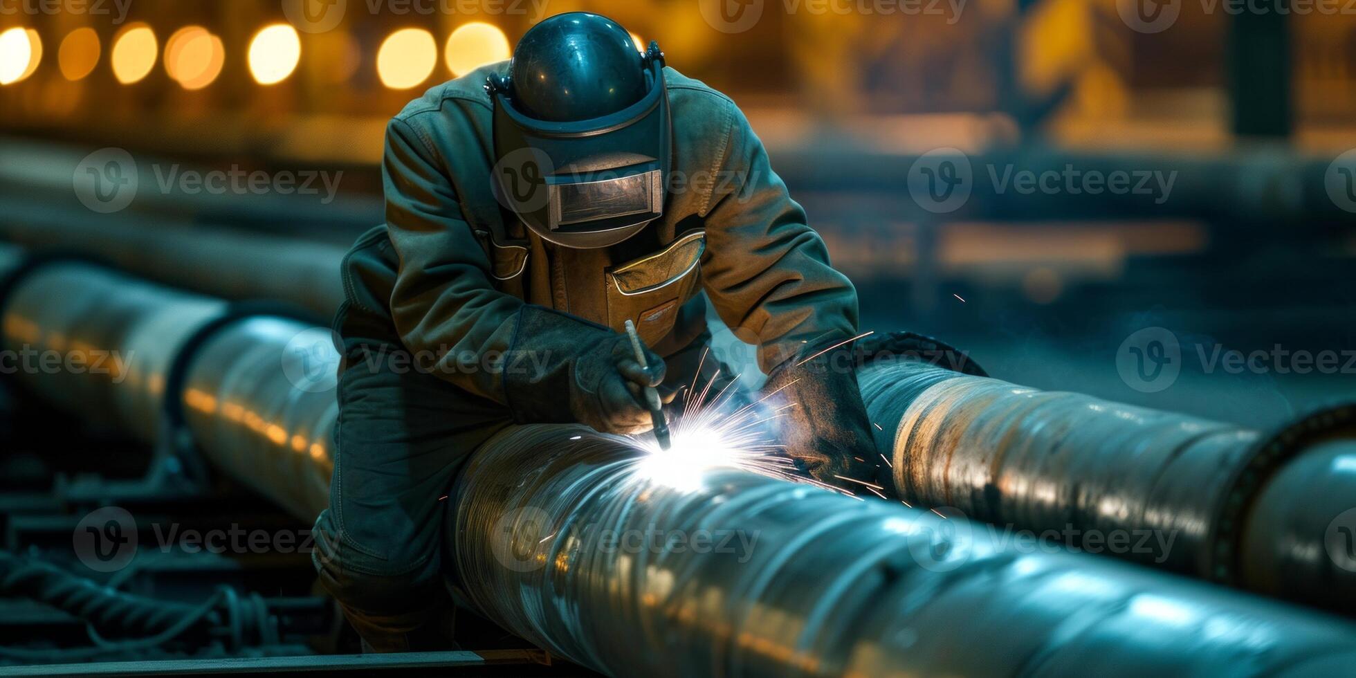 welder in a protective helmet welds a pipe photo