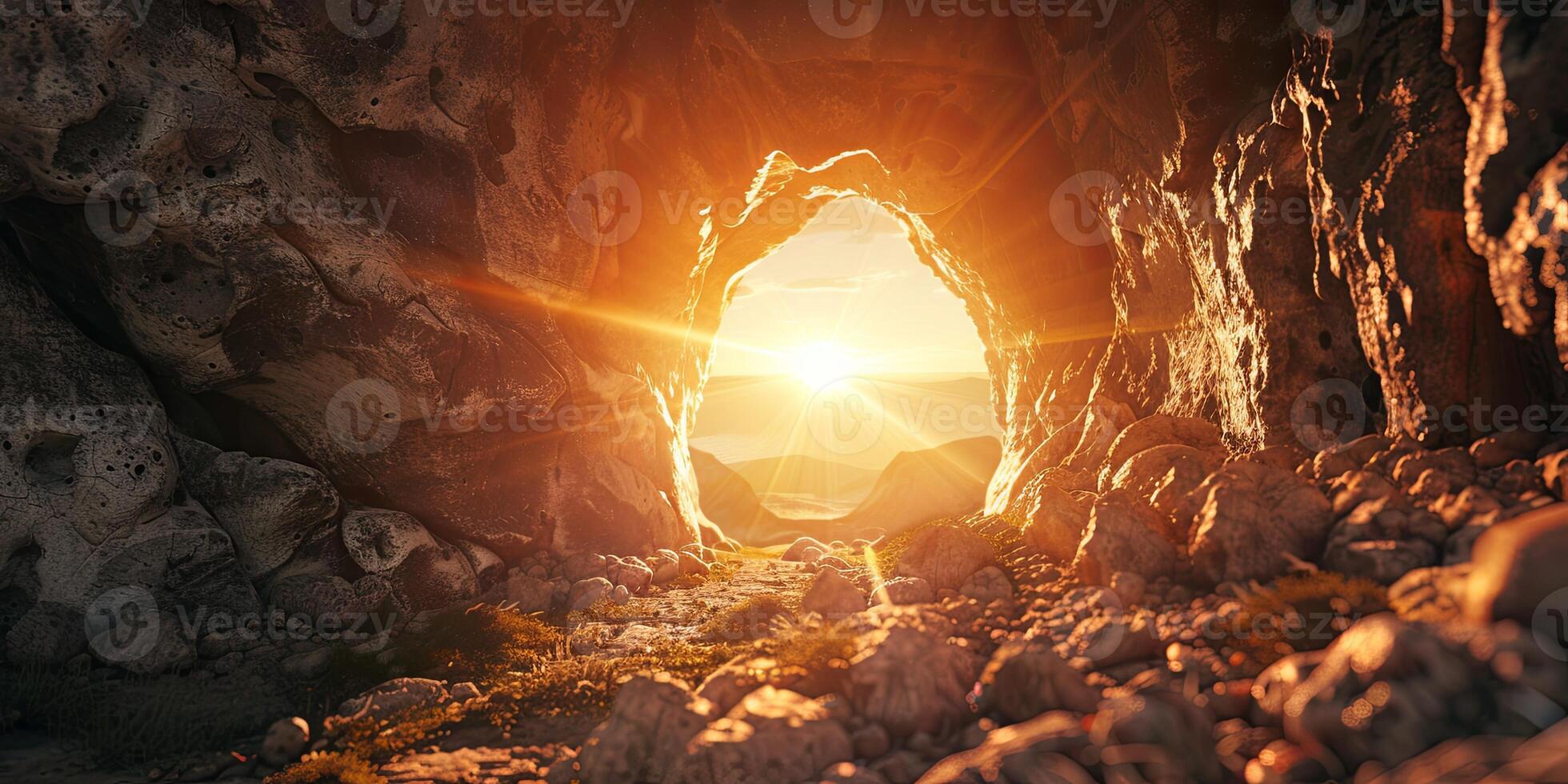 stone rocky empty cave tomb and light rays easter photo