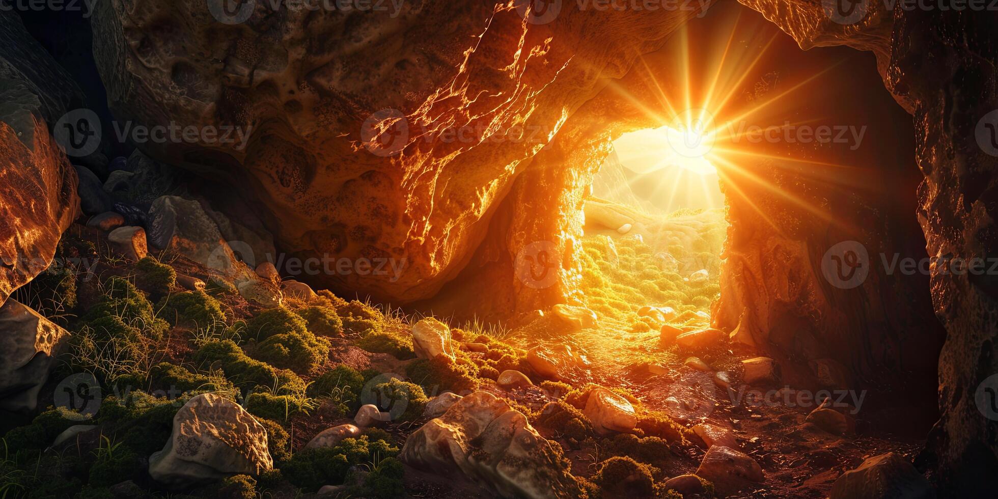 stone rocky empty cave tomb and light rays easter photo