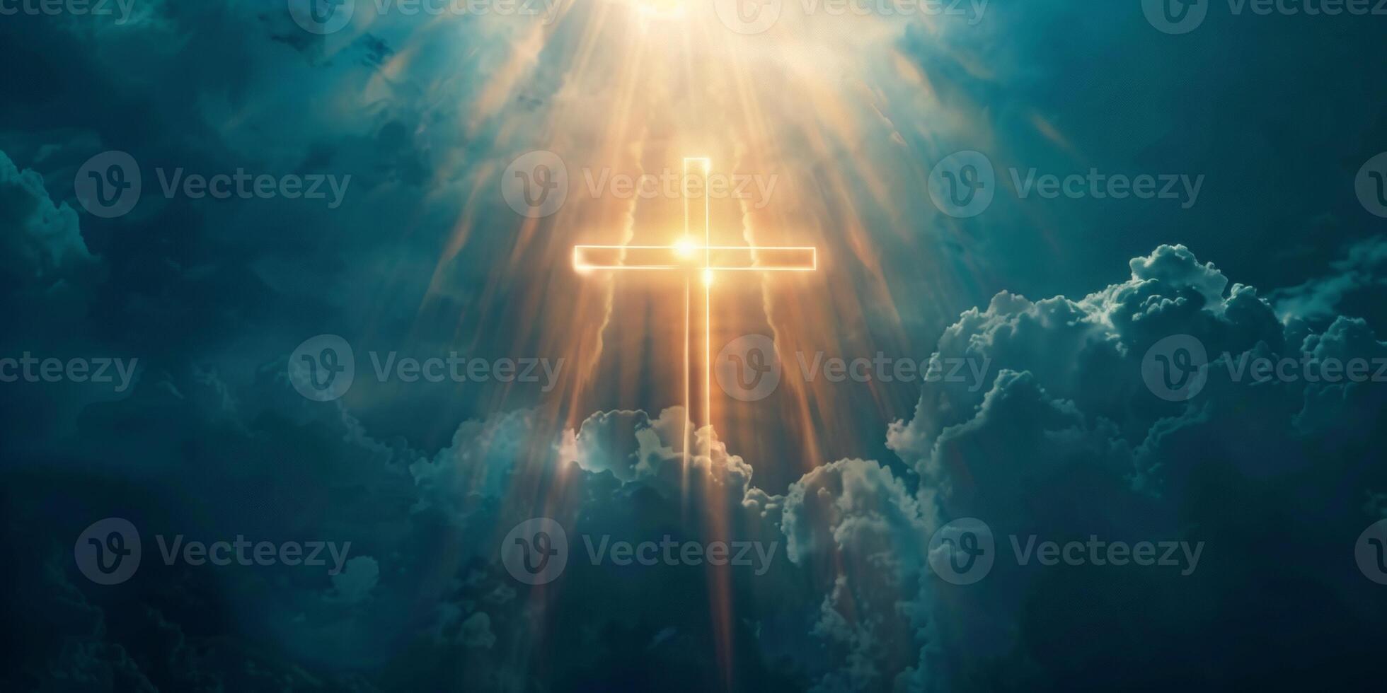 bright rays in the shape of a cross of light break through the clouds photo