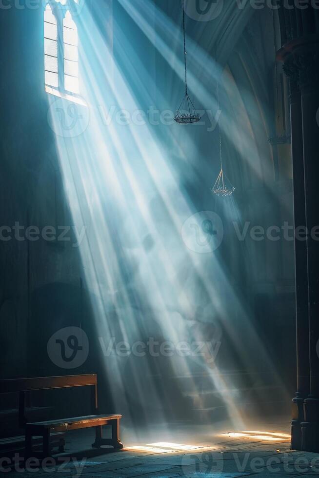 bright rays of light penetrating through the windows of the church photo