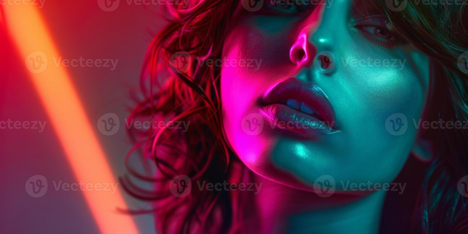 close-up portrait of a girl in neon light photo