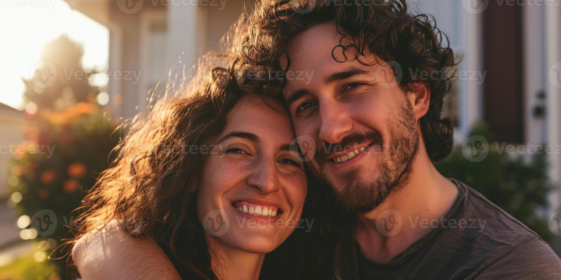 portrait of a young couple in front of their new home photo