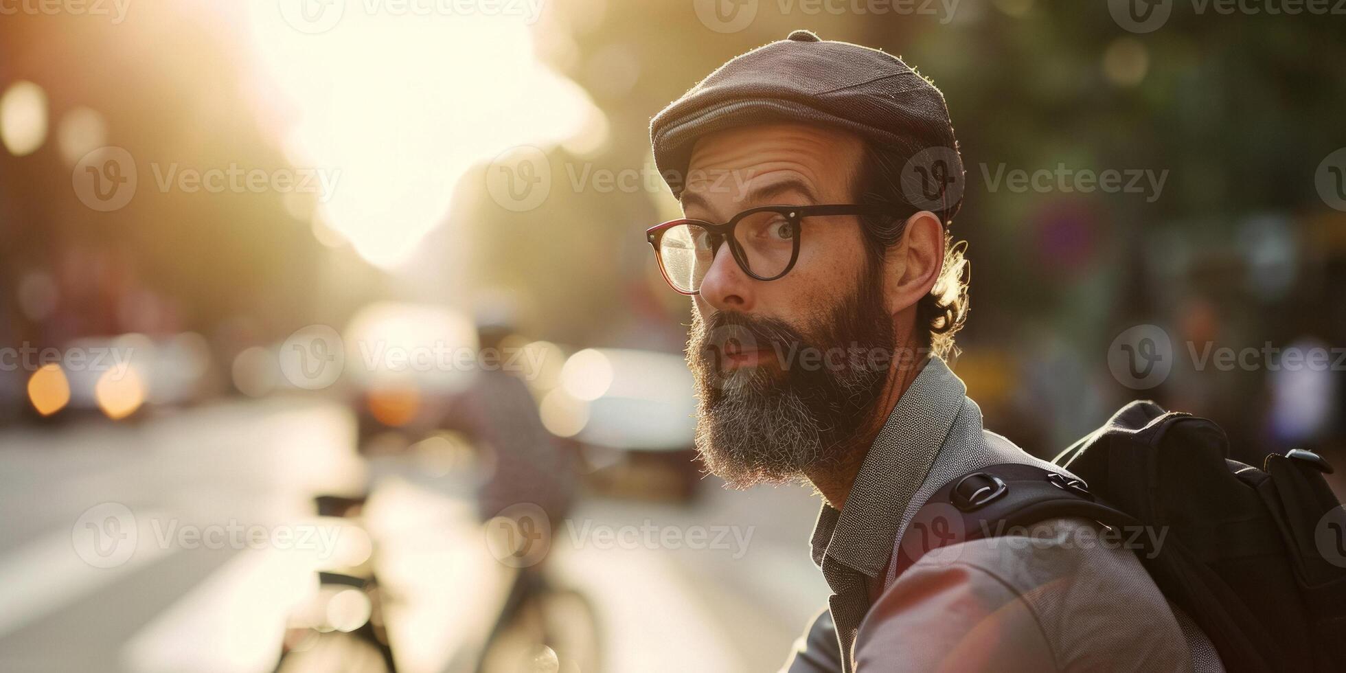 man with a beard and glasses on a bicycle in the city photo