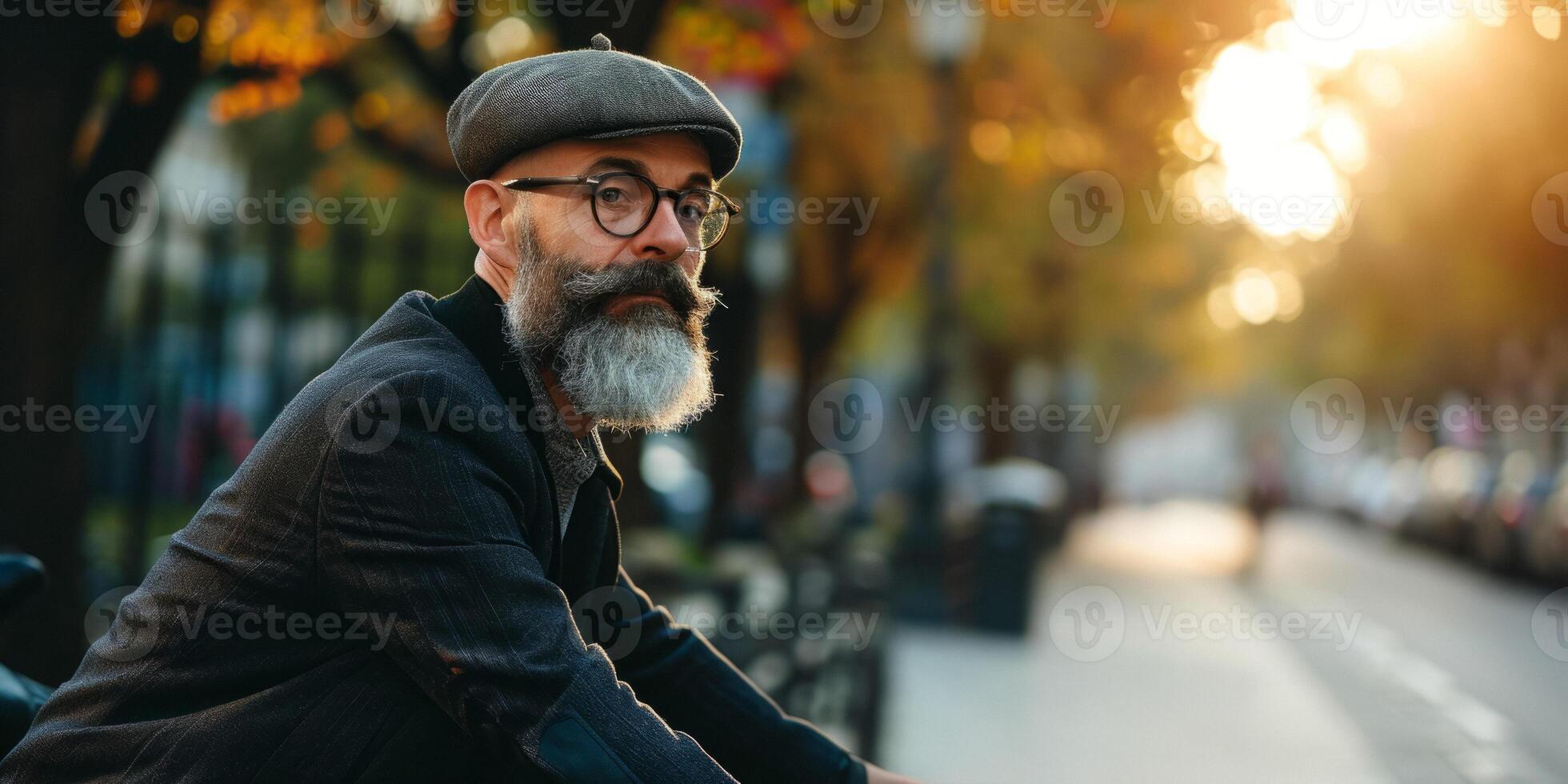 man with a beard and glasses on a bicycle in the city photo