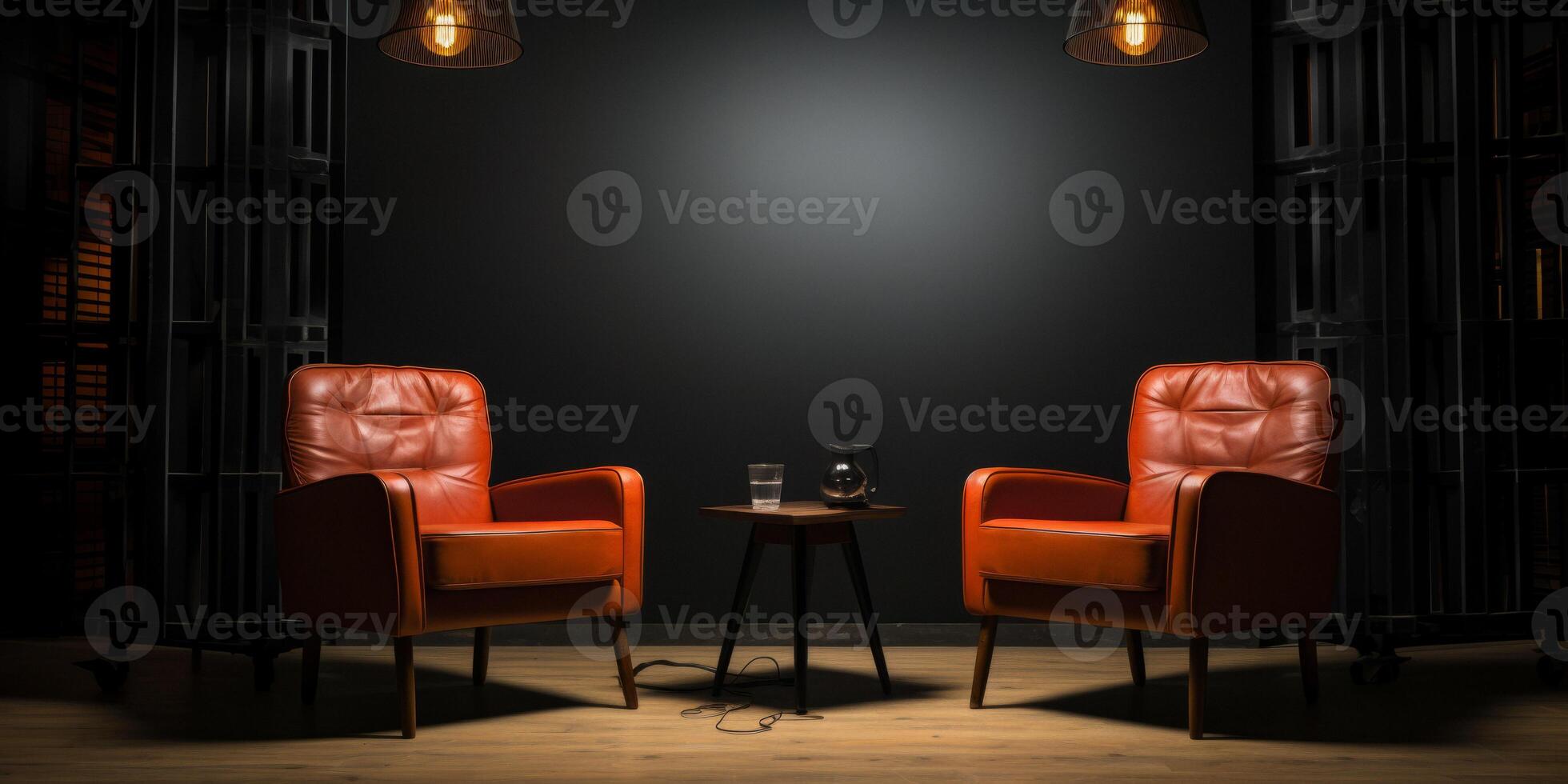 two chairs and spotlight room for podcast interview photo