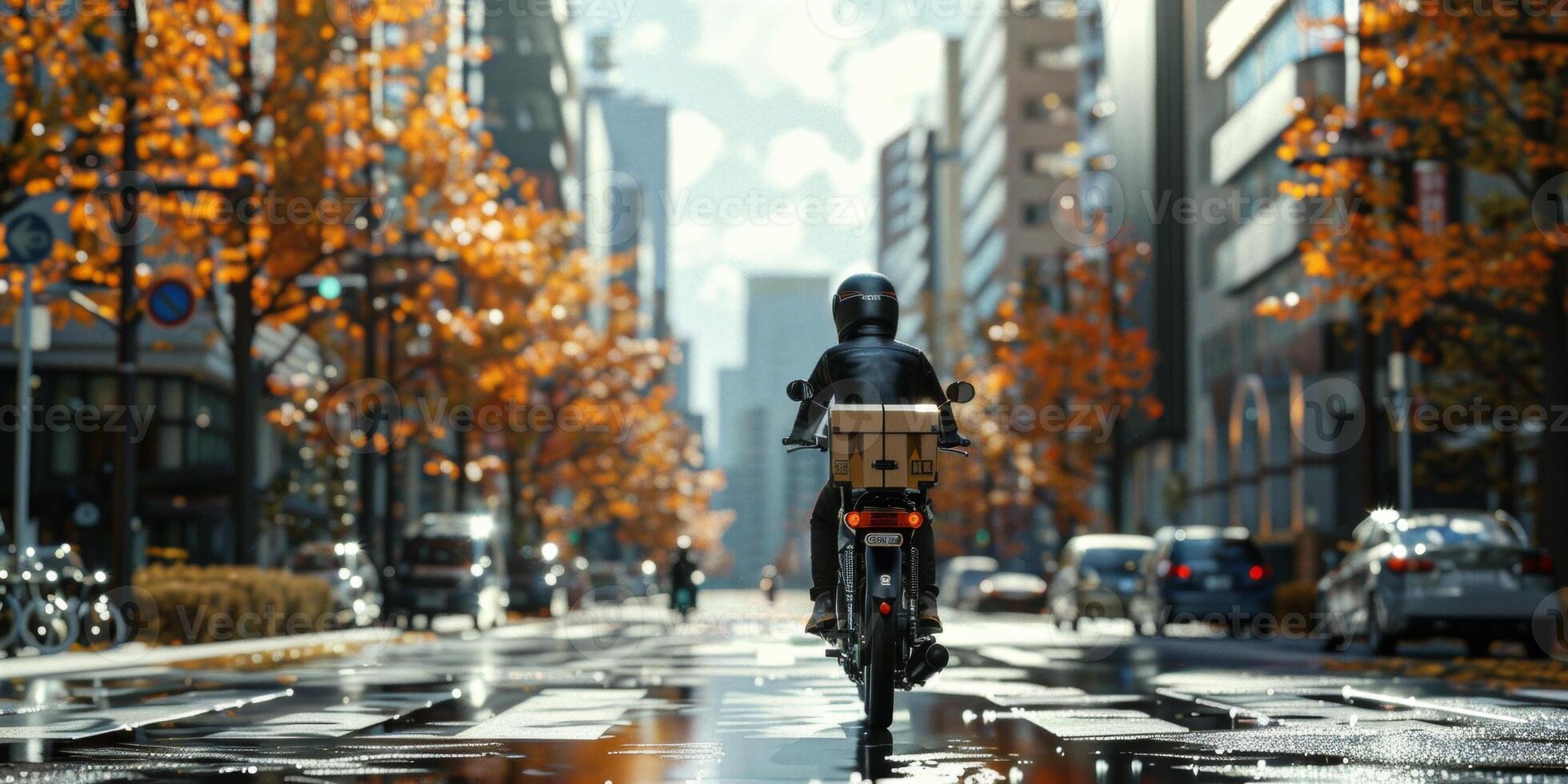 courier delivers parcels around the city on a motorcycle photo