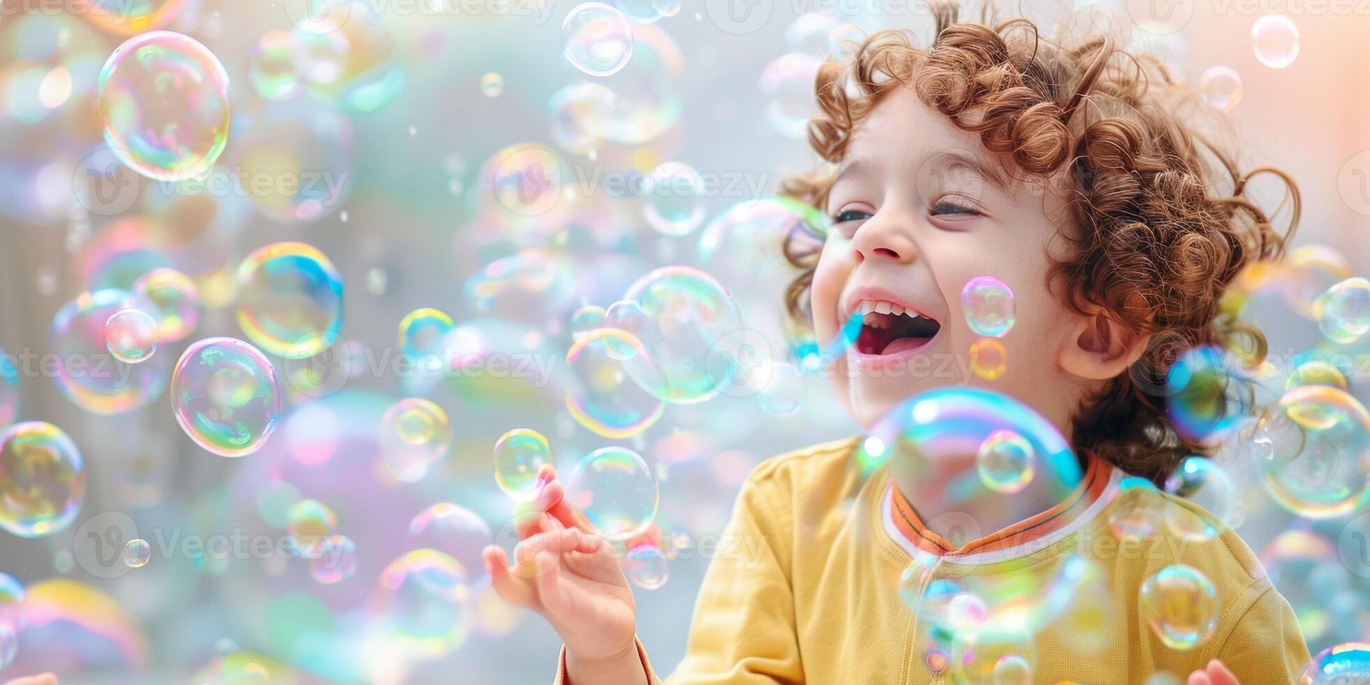 child blowing soap bubbles in nature photo