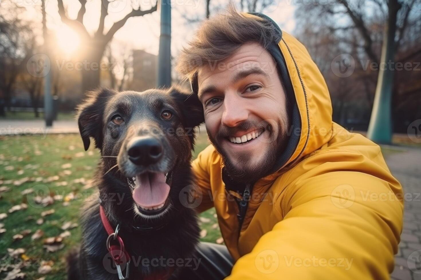 Selfie of a man with a dog in the park photo