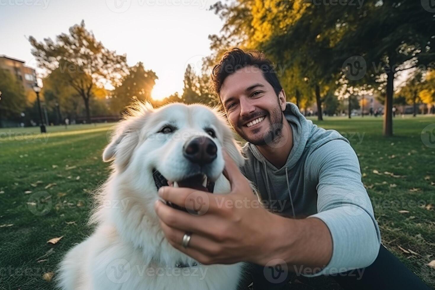 Selfie of a man with a dog in the park photo