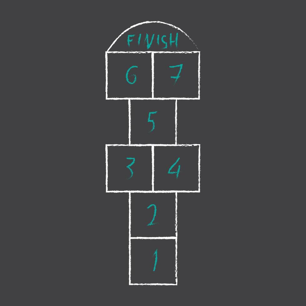 Hopscotch kid activity game. Hopscotch with color numbers drawn in chalk on asphalt. Outdoor summer game. Hand drawn vector