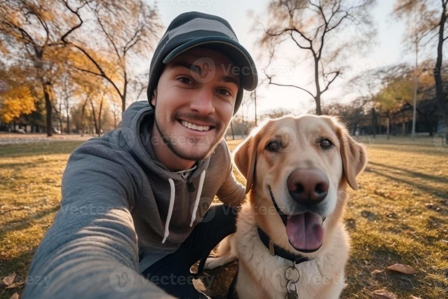 Selfie of a man with a dog in the park photo
