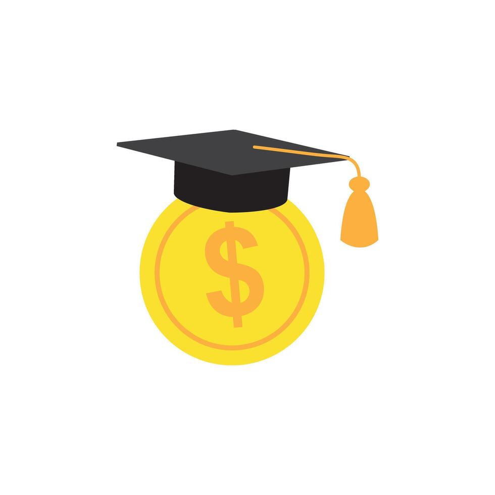 Education and money illustration, flat cartoon graduation hat and coin, concept of scholarship cost or loan, tuition or study fee, value of student knowledge, learning success vector