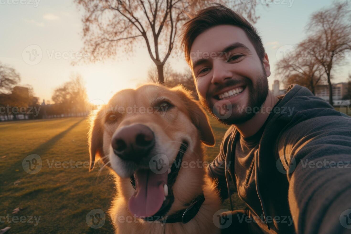 Selfie of a man with a dog in the park photo