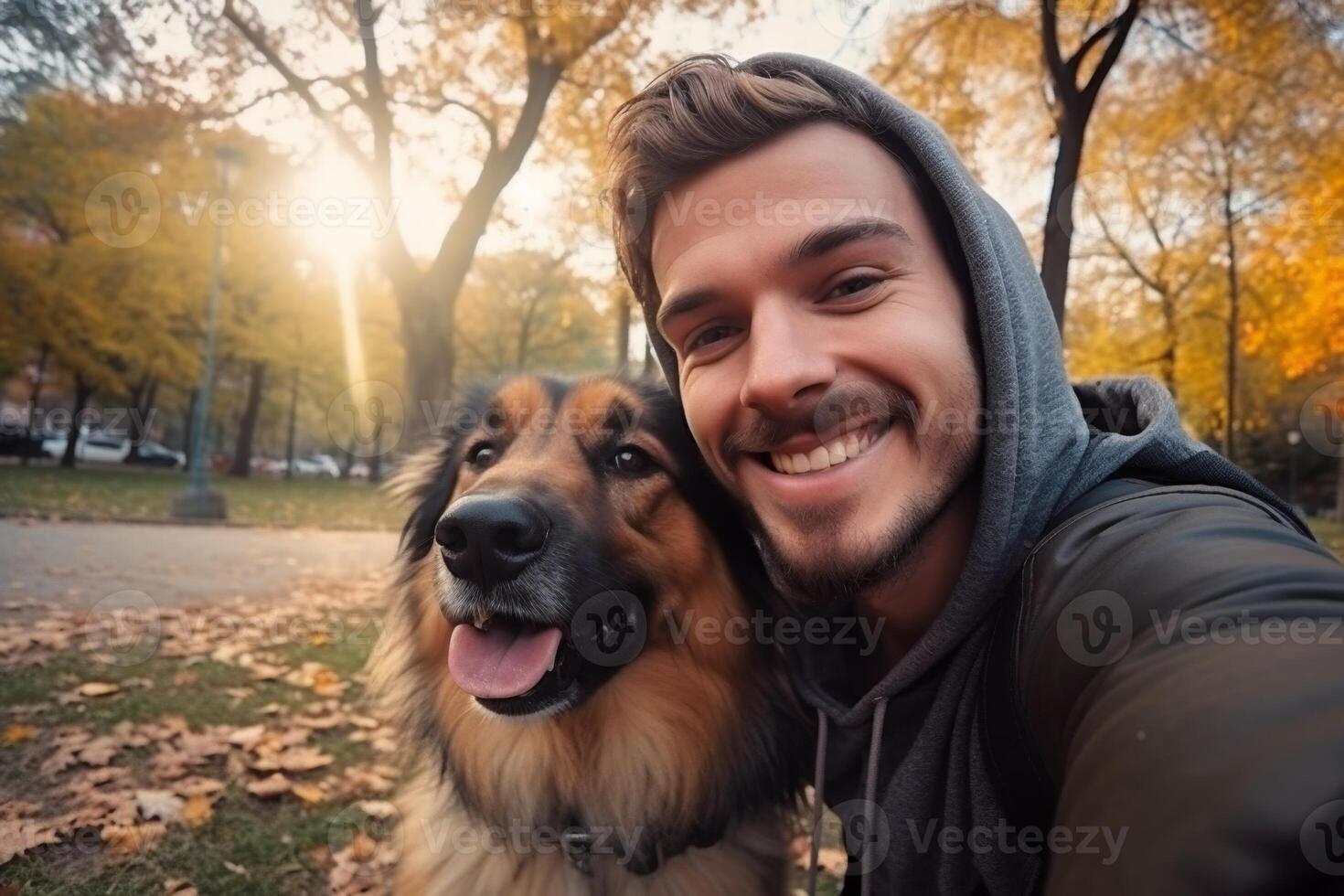 Selfie of a man with a dog in the park photo