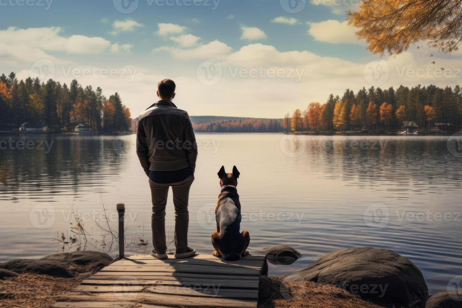 a man with a dog sitting on the shore of a lake photo