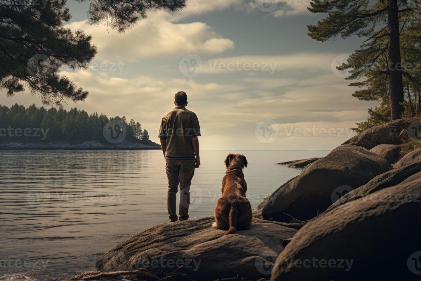a man with a dog sitting on the shore of a lake photo