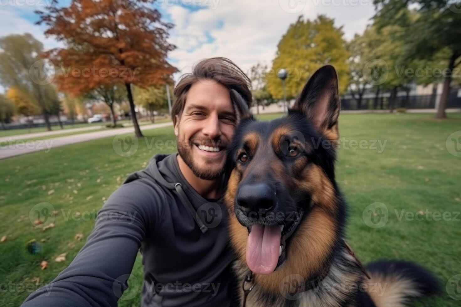 Selfie of a man with a dog in the park photo