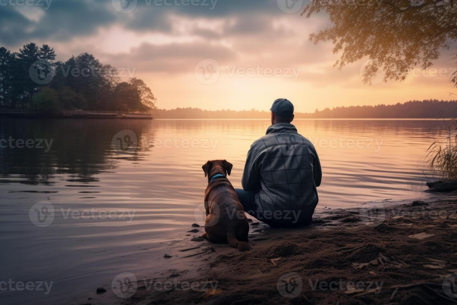 a man with a dog sitting on the shore of a lake photo