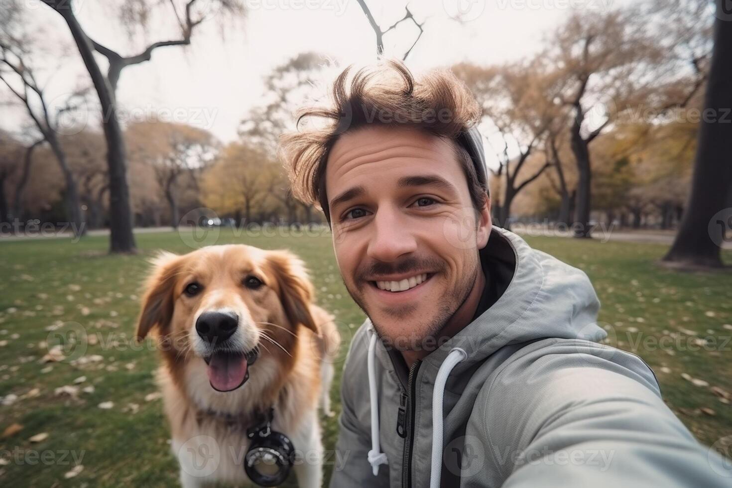 Selfie of a man with a dog in the park photo
