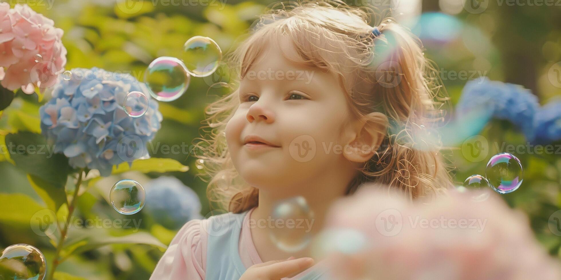 child blowing soap bubbles in nature photo
