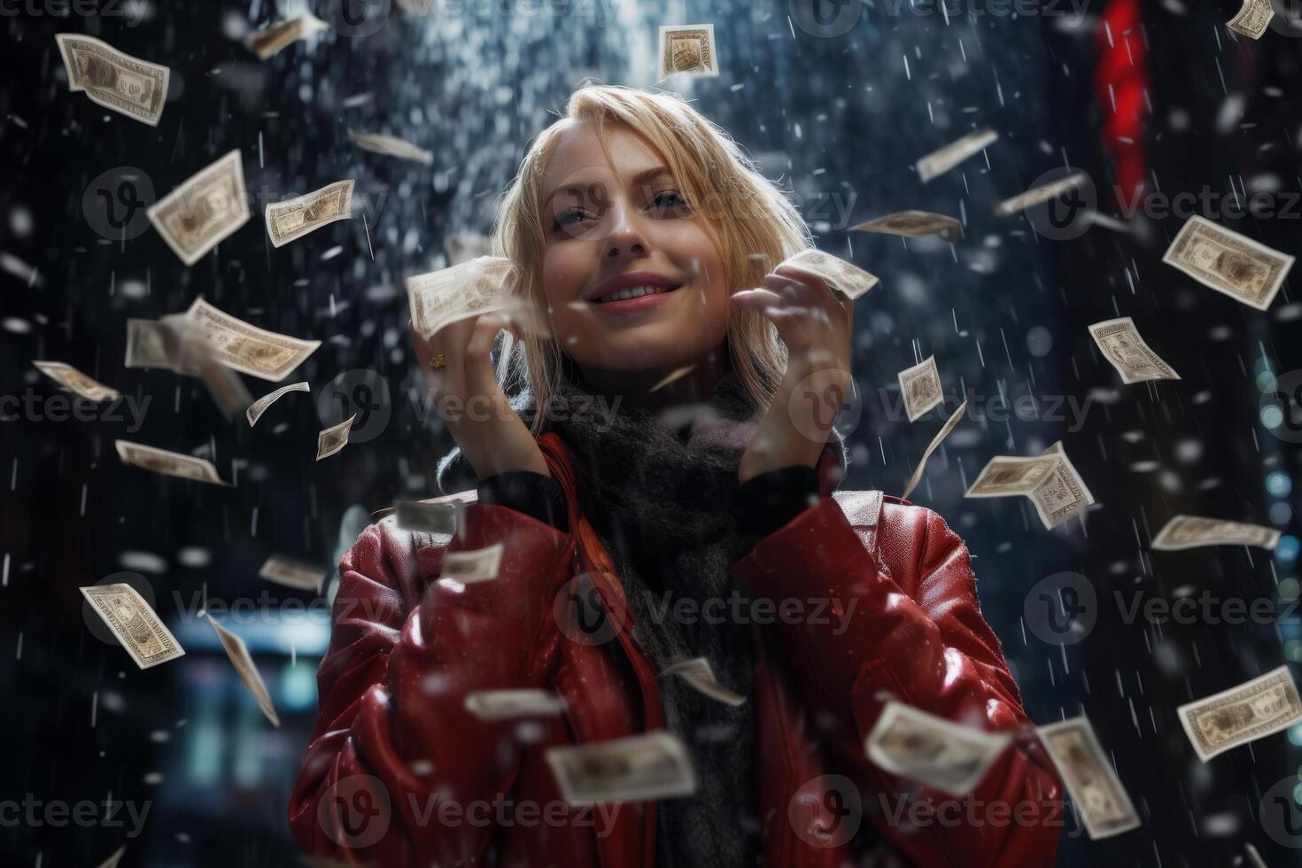 young girl under the rain of money photo