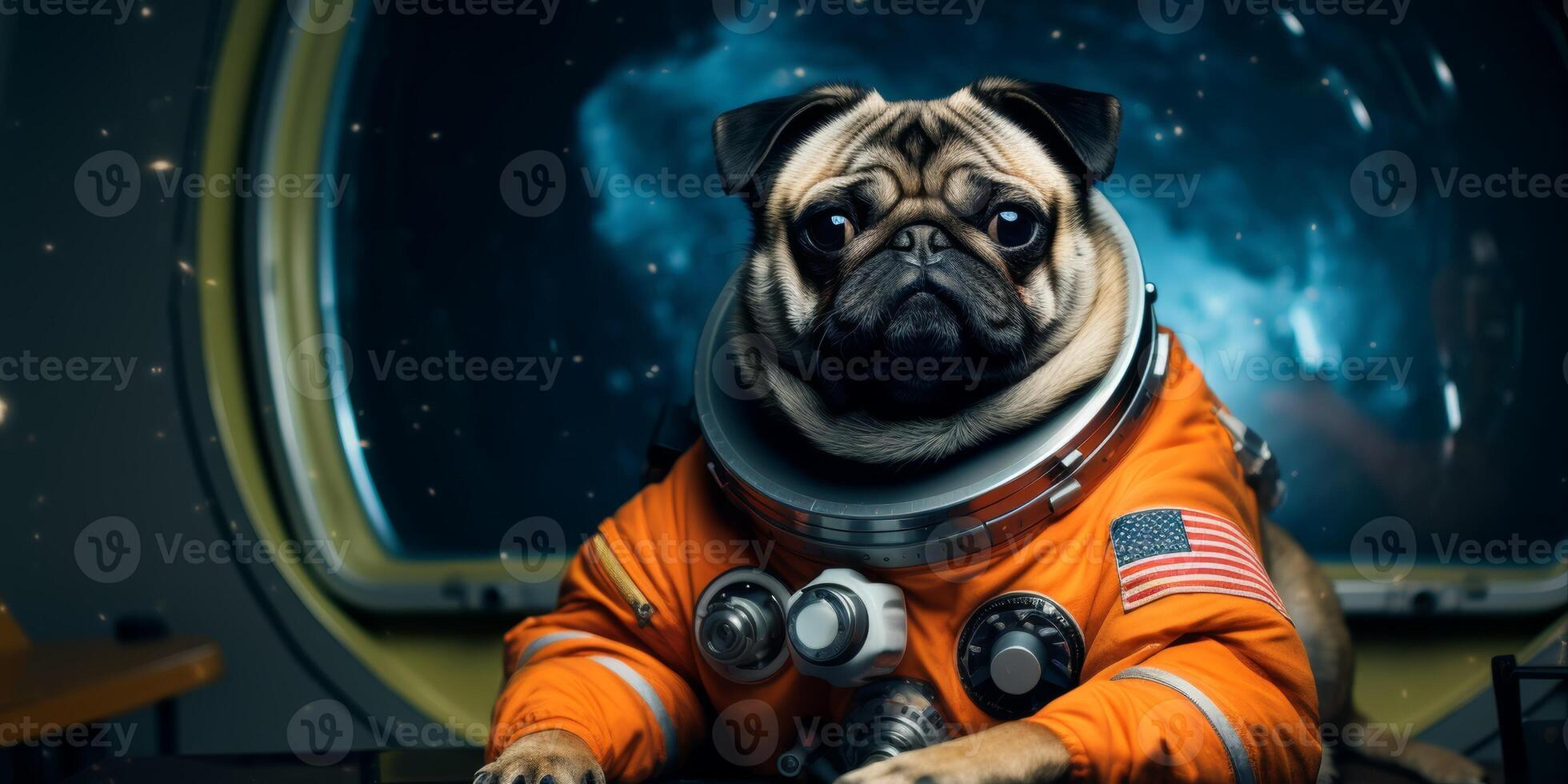 dog in a spacesuit in space photo