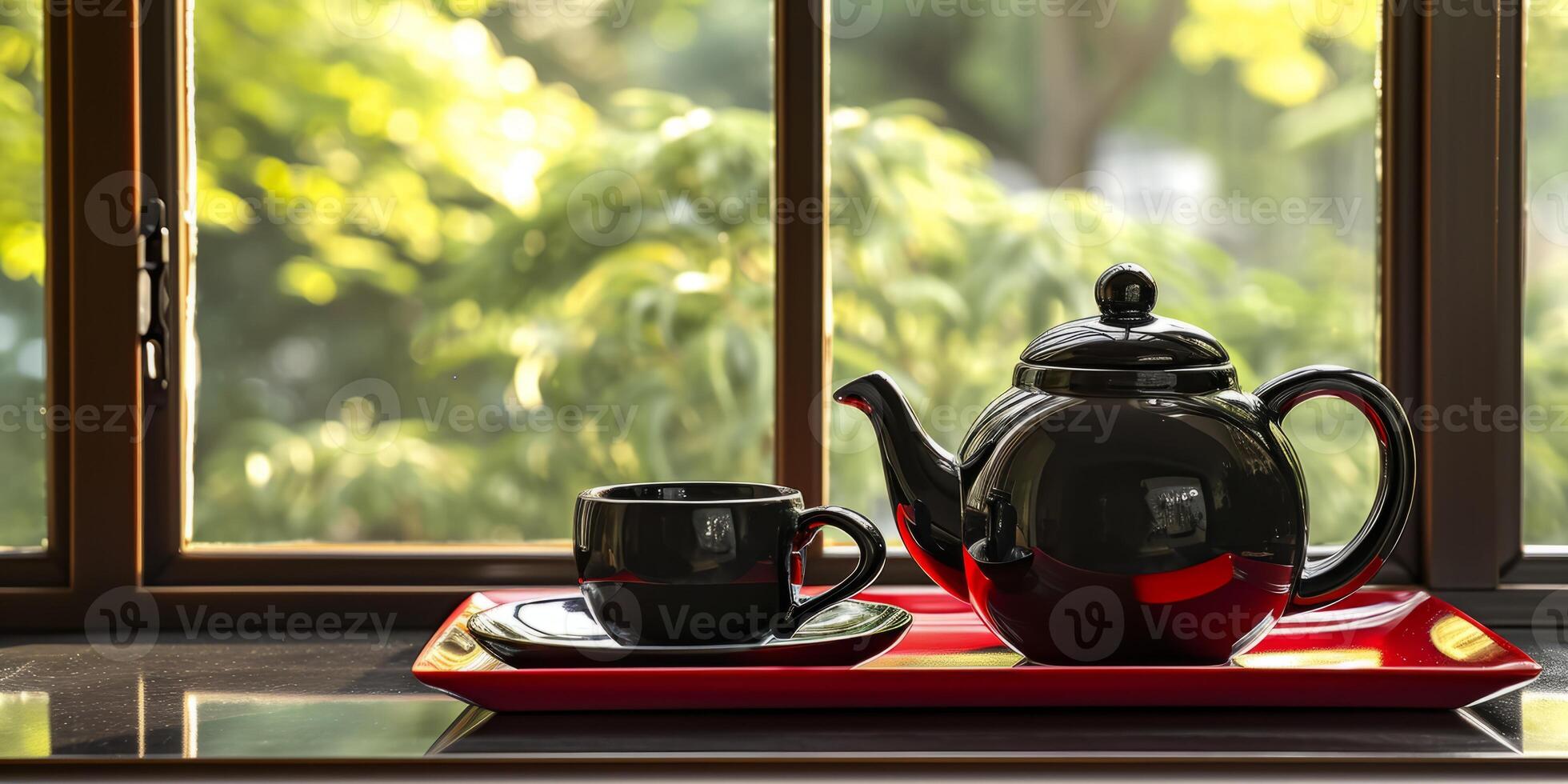 tea set on a wooden tray photo