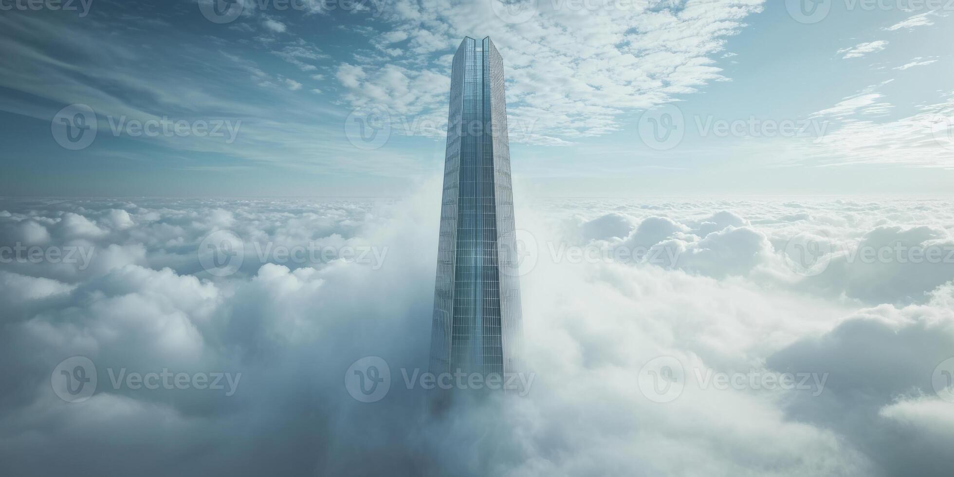 skyscraper reaching into the sky and breaking clouds photo
