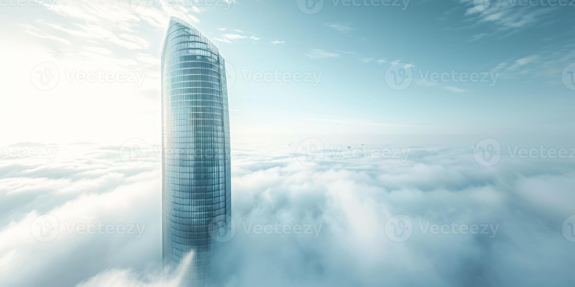 skyscraper reaching into the sky and breaking clouds photo