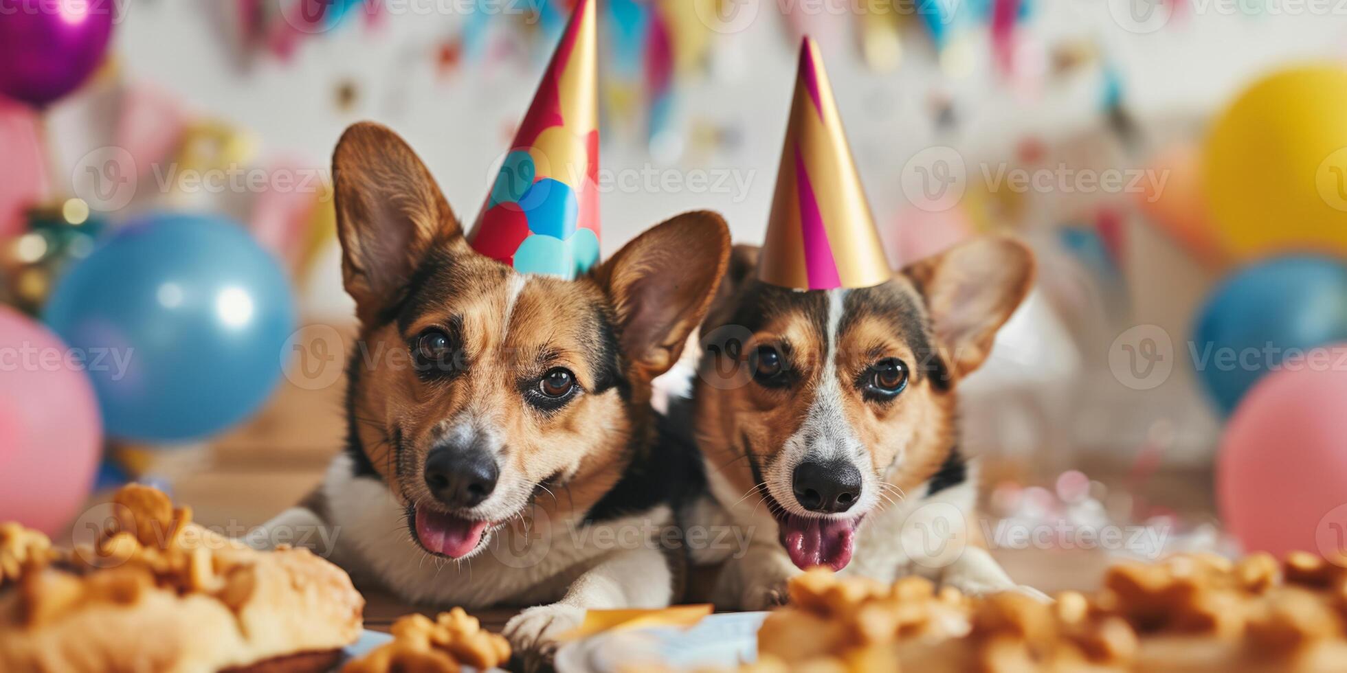 perros celebrar cumpleaños con tapas en su cabezas foto