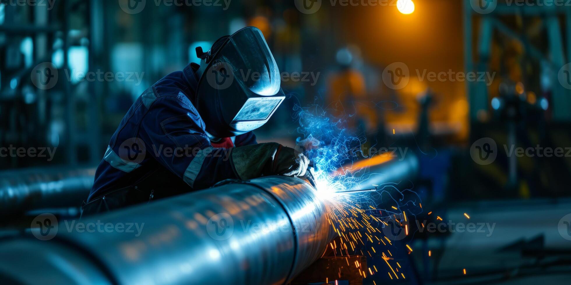 a welder with a shield welds a pipe photo