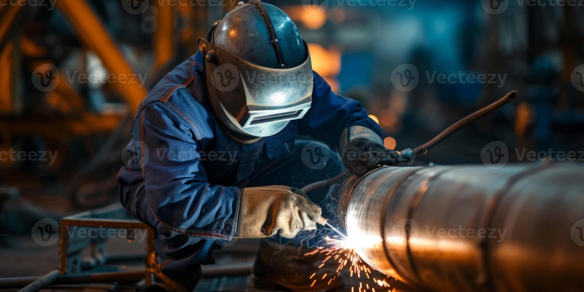 a welder with a shield welds a pipe photo