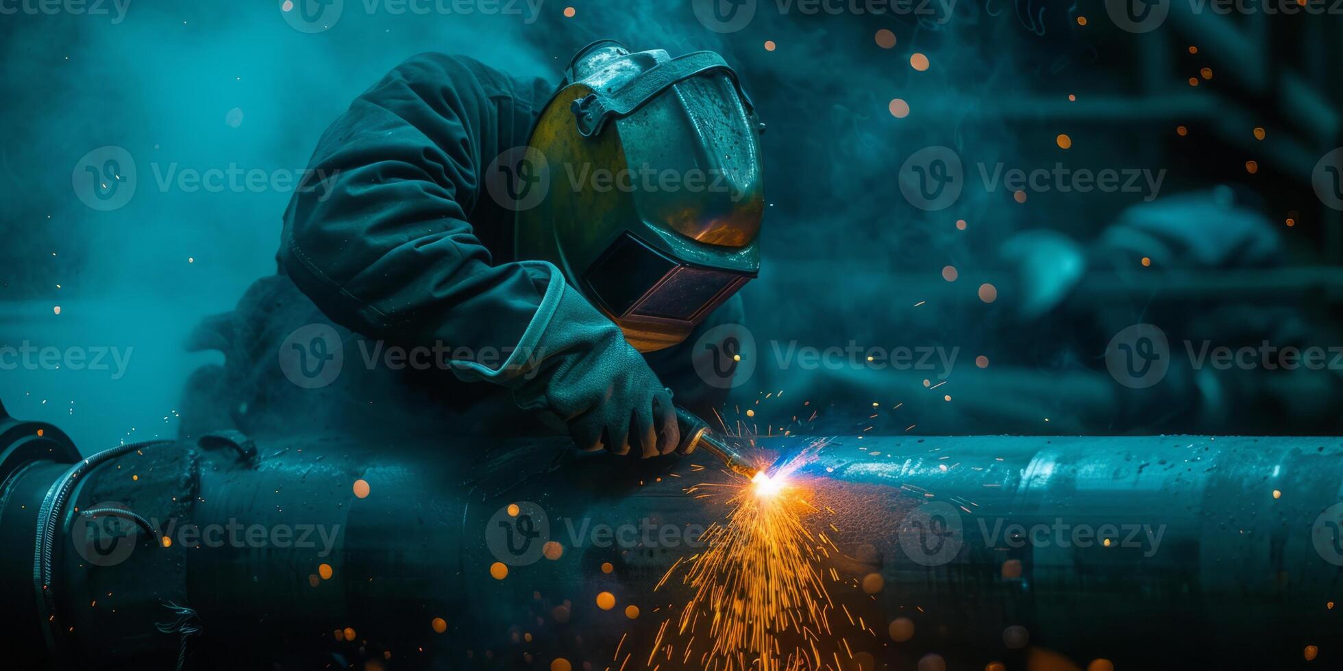 a welder with a shield welds a pipe photo