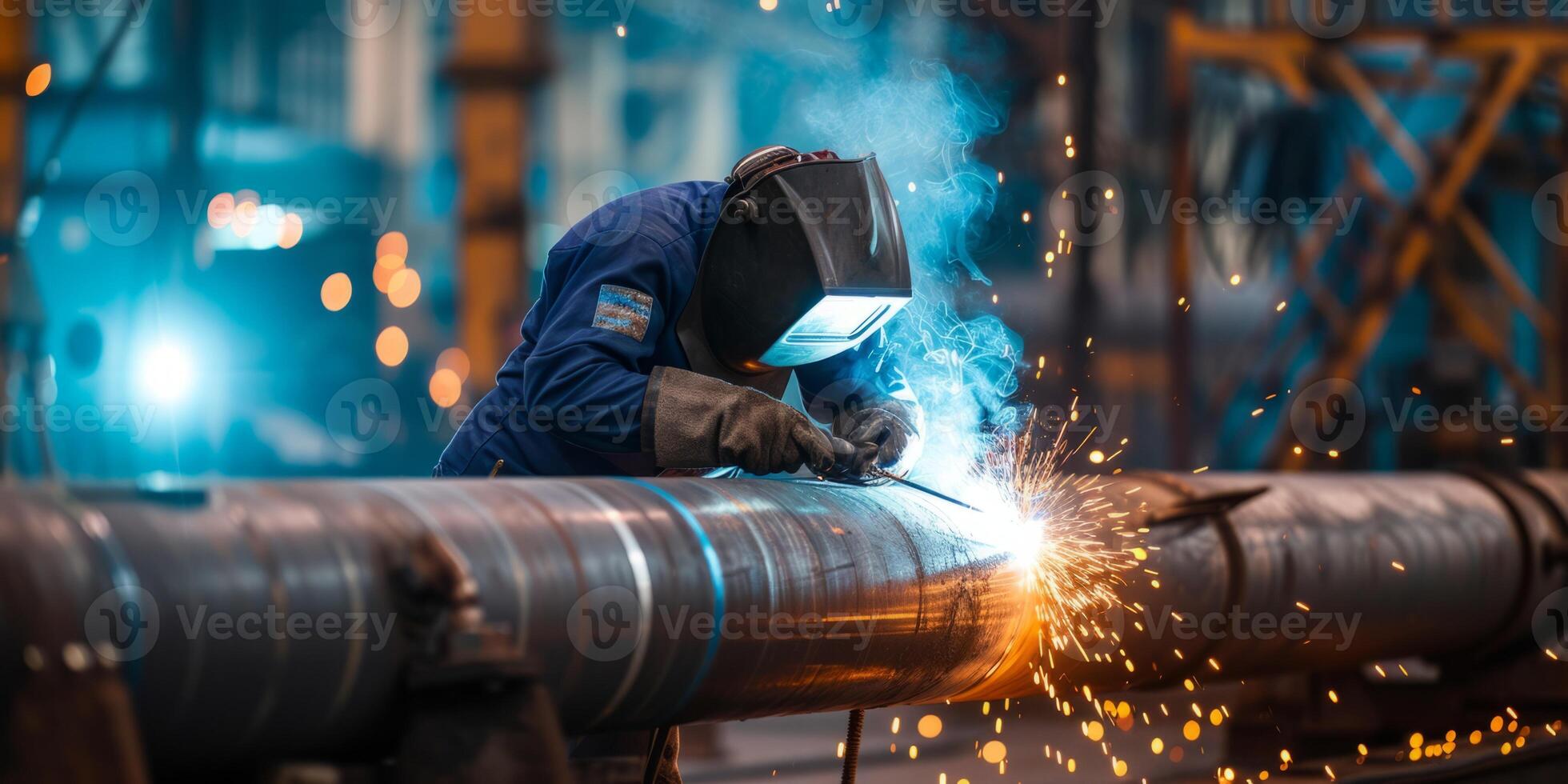a welder with a shield welds a pipe photo