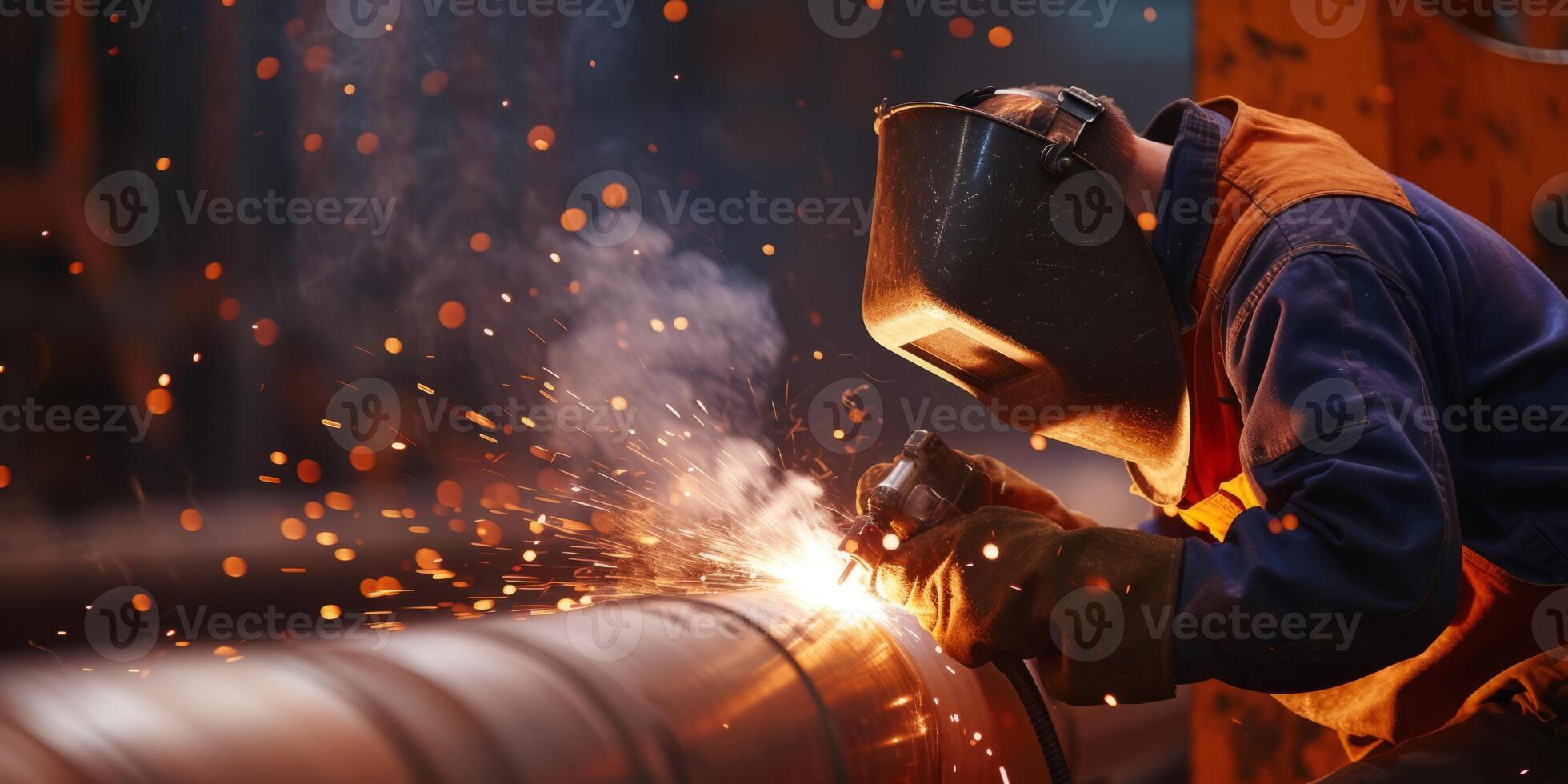 a welder with a shield welds a pipe photo
