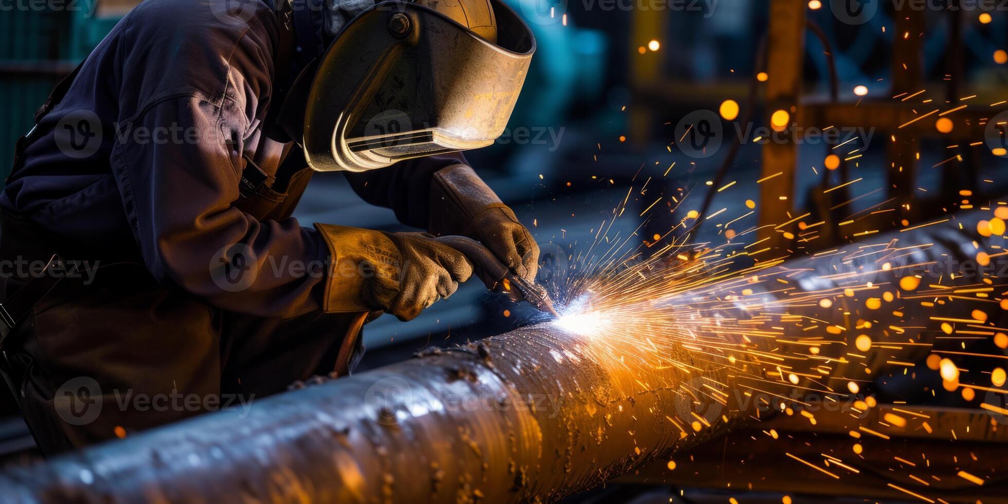 a welder with a shield welds a pipe photo