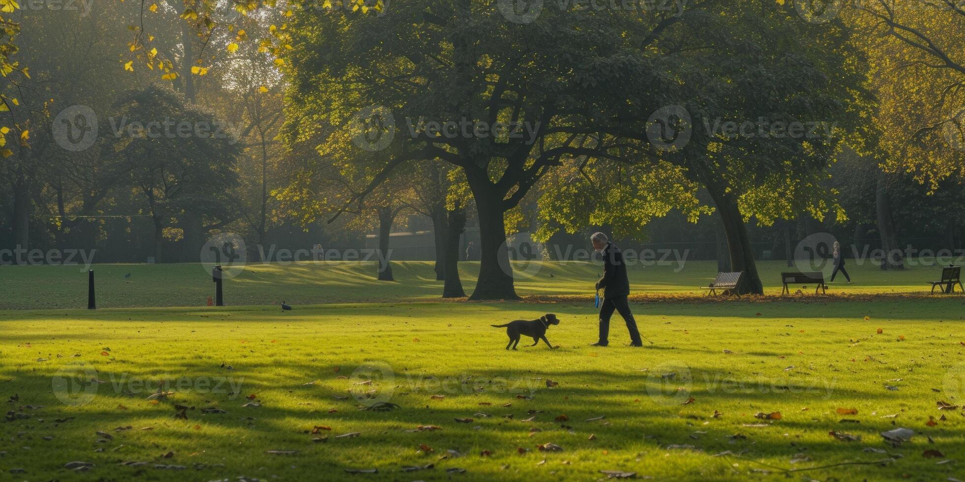 man walking his dog in the park photo