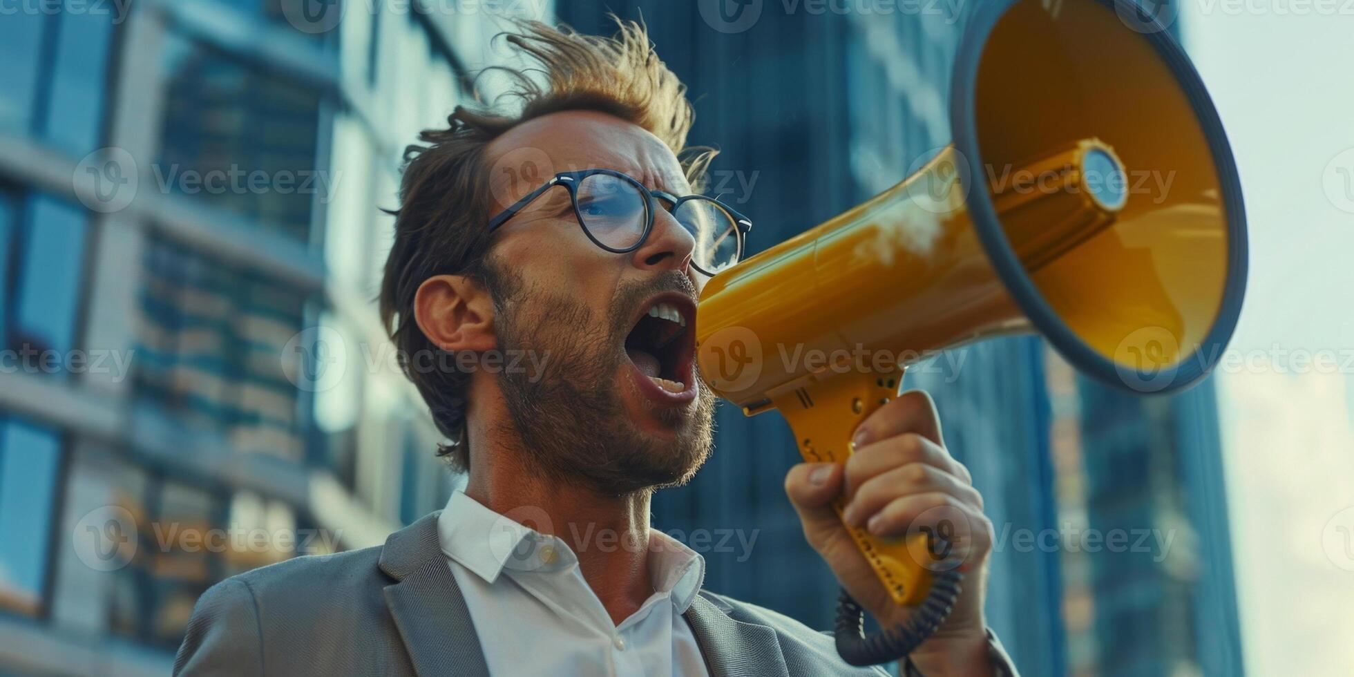 businessman shouting into the gramophone photo